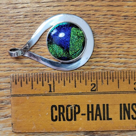 Dichroic Glass Sterling Silver Teardrop Pendant Blue & Green Handmade In Mexico - Picture 12 of 13